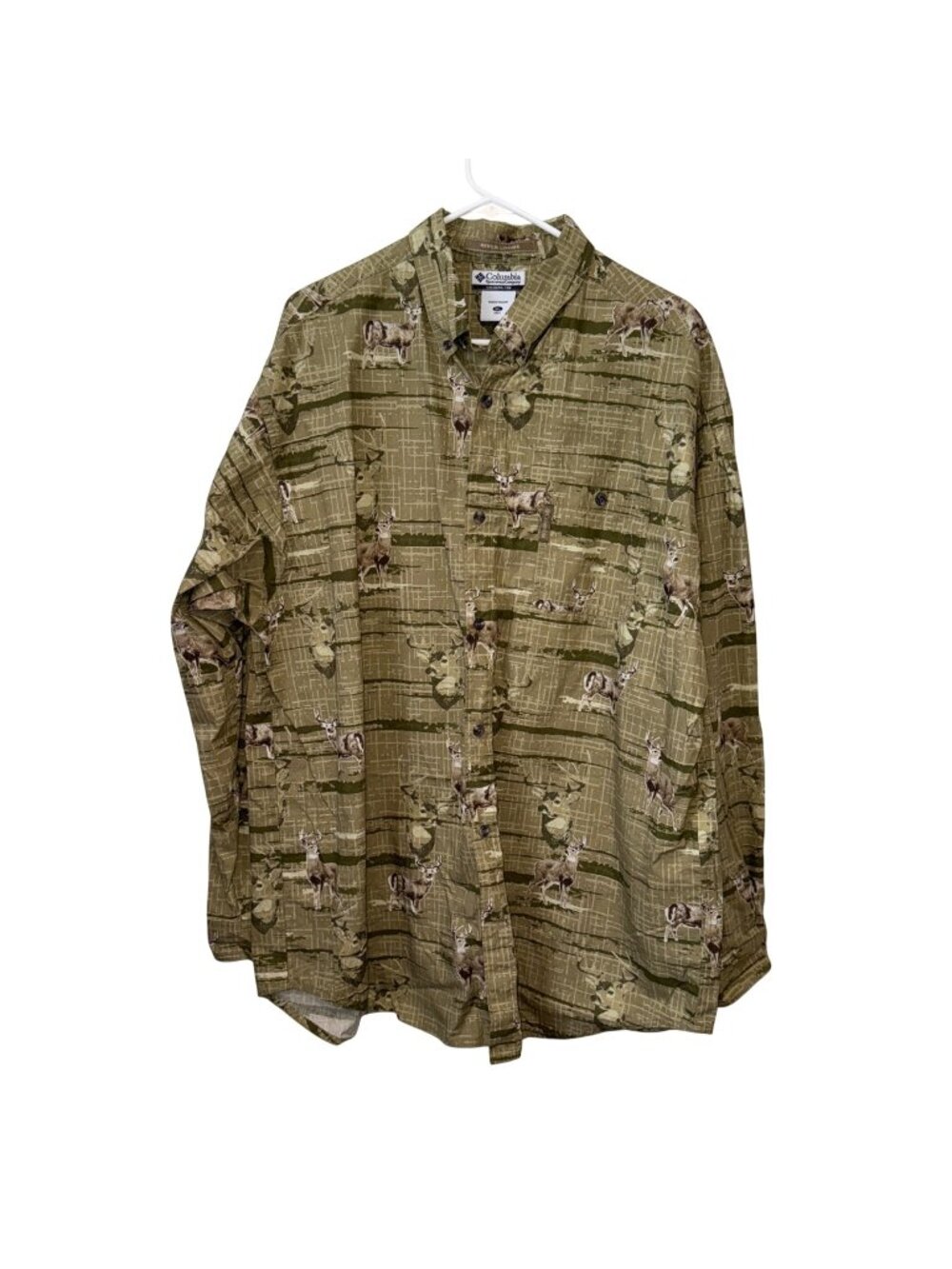Columbia River Lodge Mens XL Button-Up Shirt Deer Print Green Tan Cotton